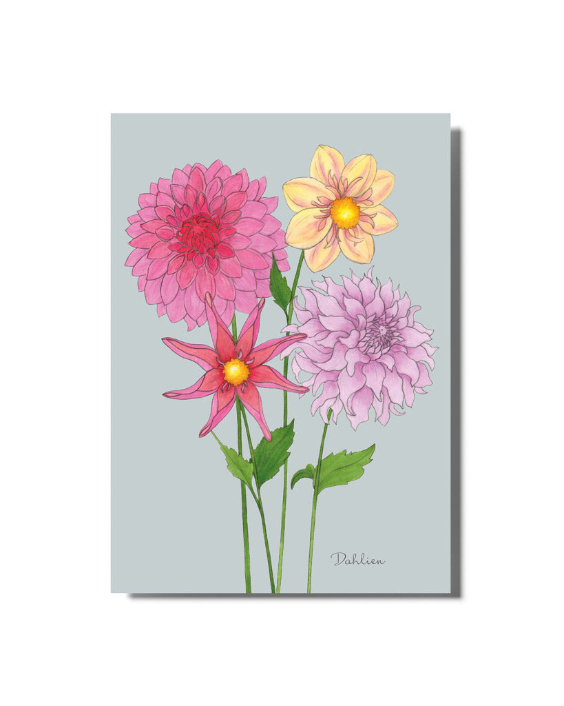 Postkarte mit handgezeichnetem Dahlien-Motiv aus der Gartenzauber Papeterie – detailverliebt und liebevoll gestaltet.