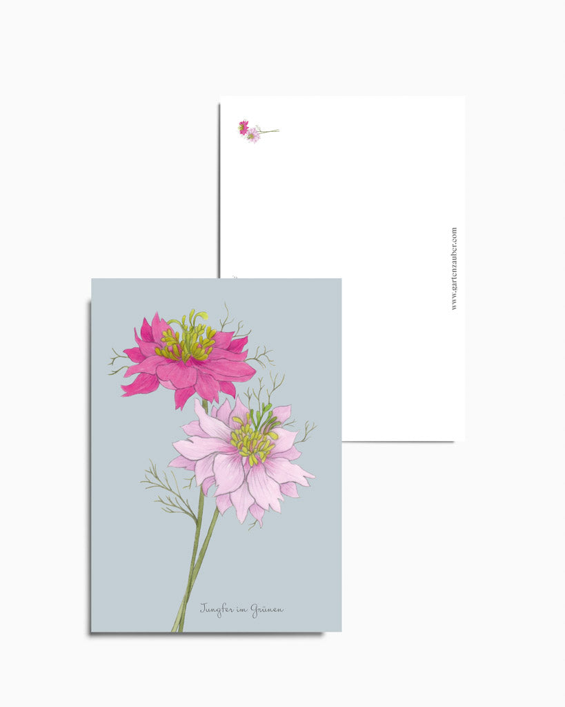 Postkarte mit handgezeichnetem Motiv „Jungfer im Grünen – Miss Jekyll Rose“ aus der Gartenzauber Papeterie – zarte Illustration in Rosatönen. 