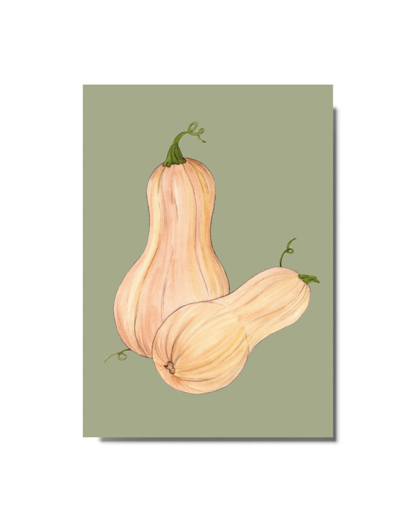 Postkarte mit handgezeichnetem Butternut-Kürbis aus der Gartenzauber Papeterie – detailreiche Gemüseillustration in warmen Naturtönen.