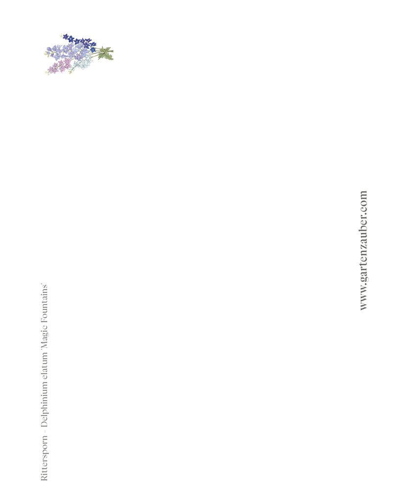 Postkarte mit handgezeichnetem Rittersporn-Motiv aus der Gartenzauber Papeterie – detailreiche Illustration in Blau- und Lilatönen.