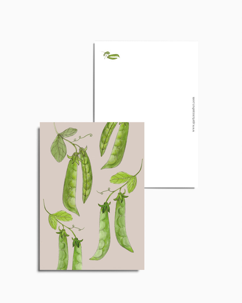 Postkarte mit handgezeichneter Zuckererbse aus der Gartenzauber Papeterie – frische grüne Schoten mit Blättern und Ranken.