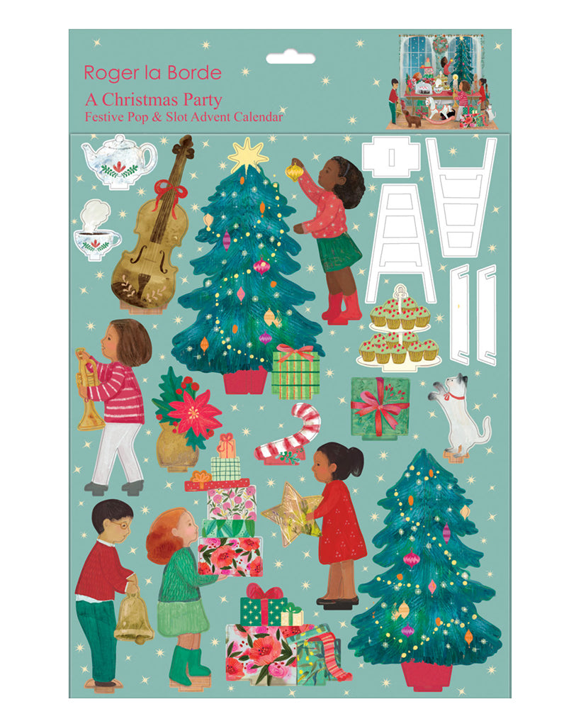 3D-Adventskalender „A Christmas Party“ mit Kindern beim Schmücken des Weihnachtszimmers, liebevoll illustriert mit Geschenken, Baum, Tieren und festlicher Deko