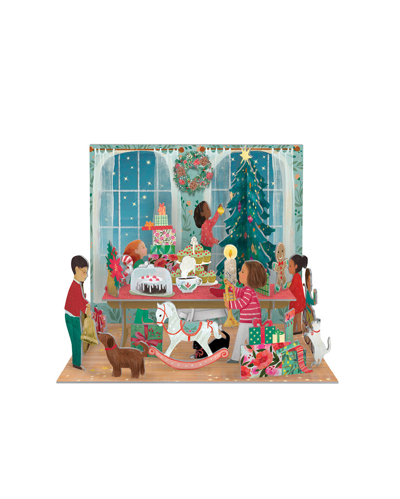3D-Adventskalender „A Christmas Party“ mit Kindern beim Schmücken des Weihnachtszimmers, liebevoll illustriert mit Geschenken, Baum, Tieren und festlicher Deko