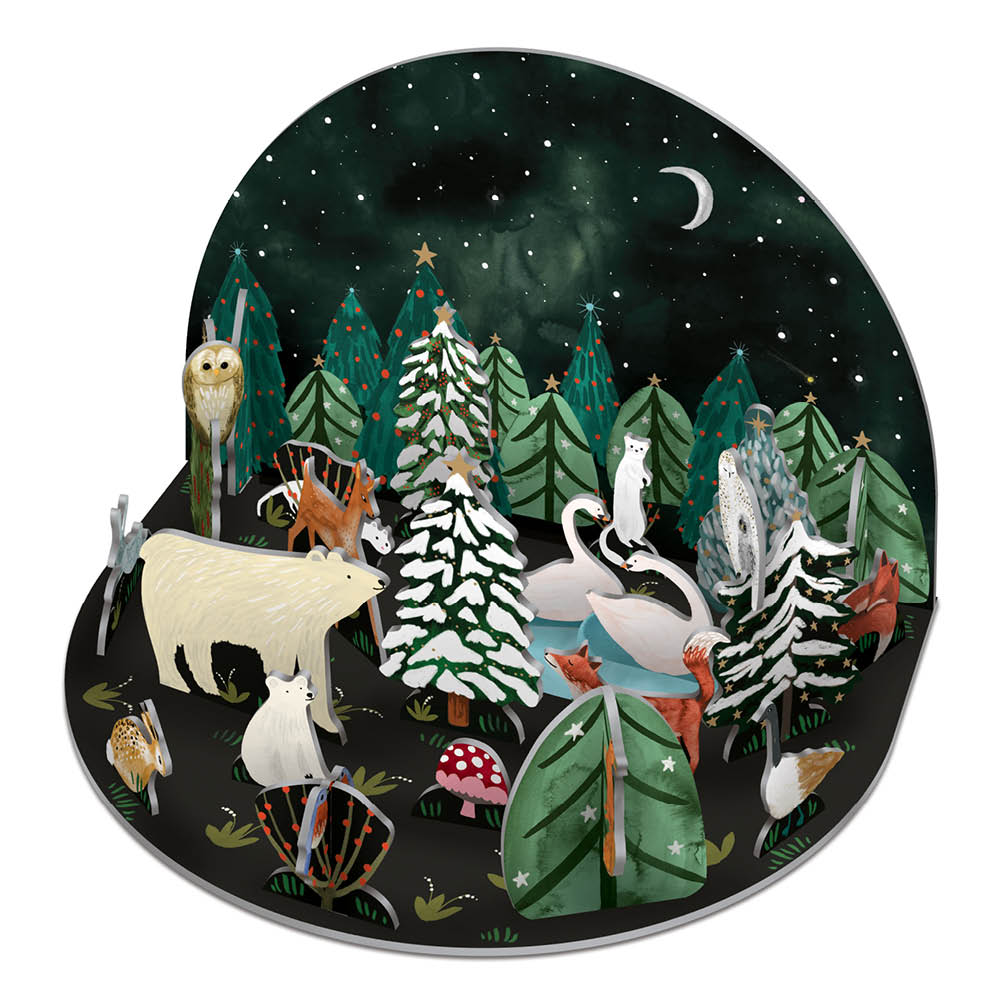 3D-Adventskalender „Northern Lights“ von Roger la Borde mit winterlicher Landschaft, Waldtieren und sternenklarem Nachthimmel in stilvoller Illustration.