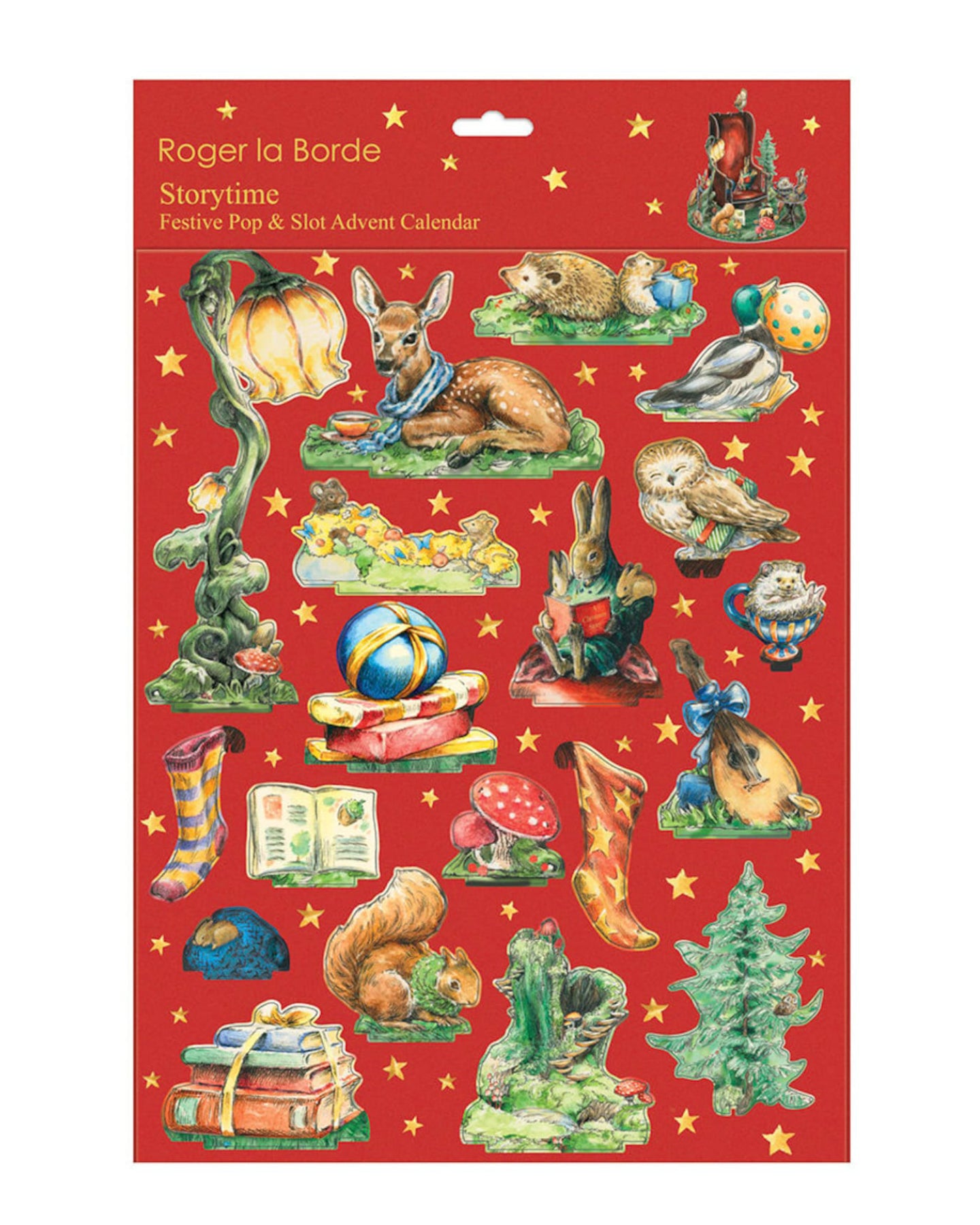 Roger la Borde Storytime 3D-Adventskalender – Bögen mit liebevoll illustrierten Tierfiguren zum Herauslösen, darunter Hase, Reh, Igel und Eule auf rotem Hintergrund mit goldenen Sternen.
