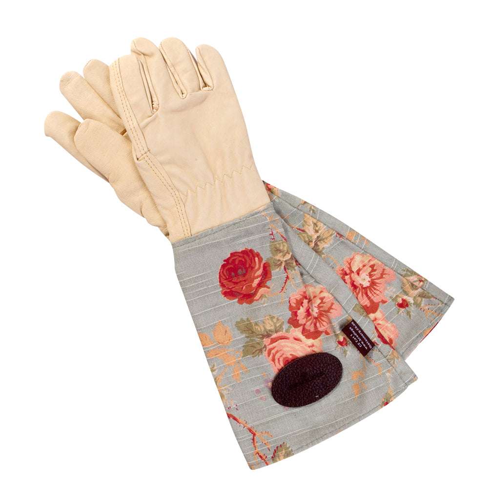 Gartenhandschuhe aus Glattleder – Rosendesign mit Leinenmanschette