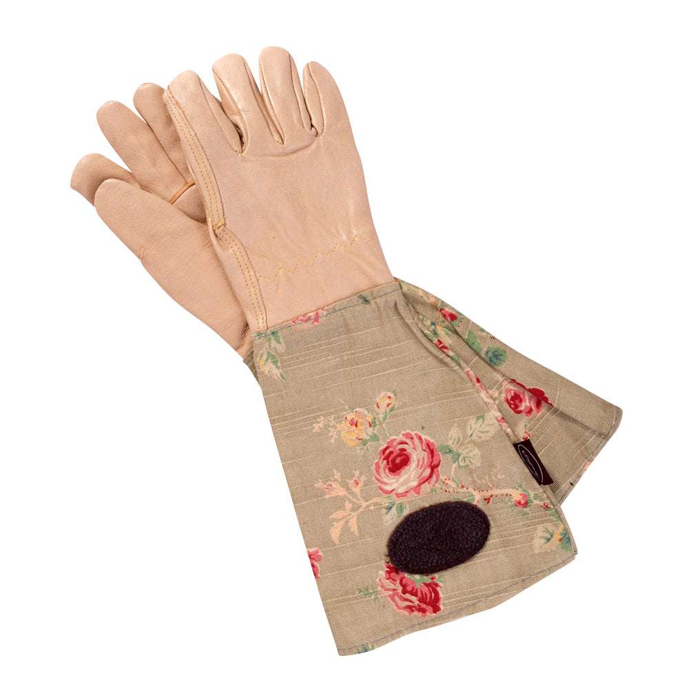 Gartenhandschuhe aus Glattleder – Rosendesign mit Leinenmanschette