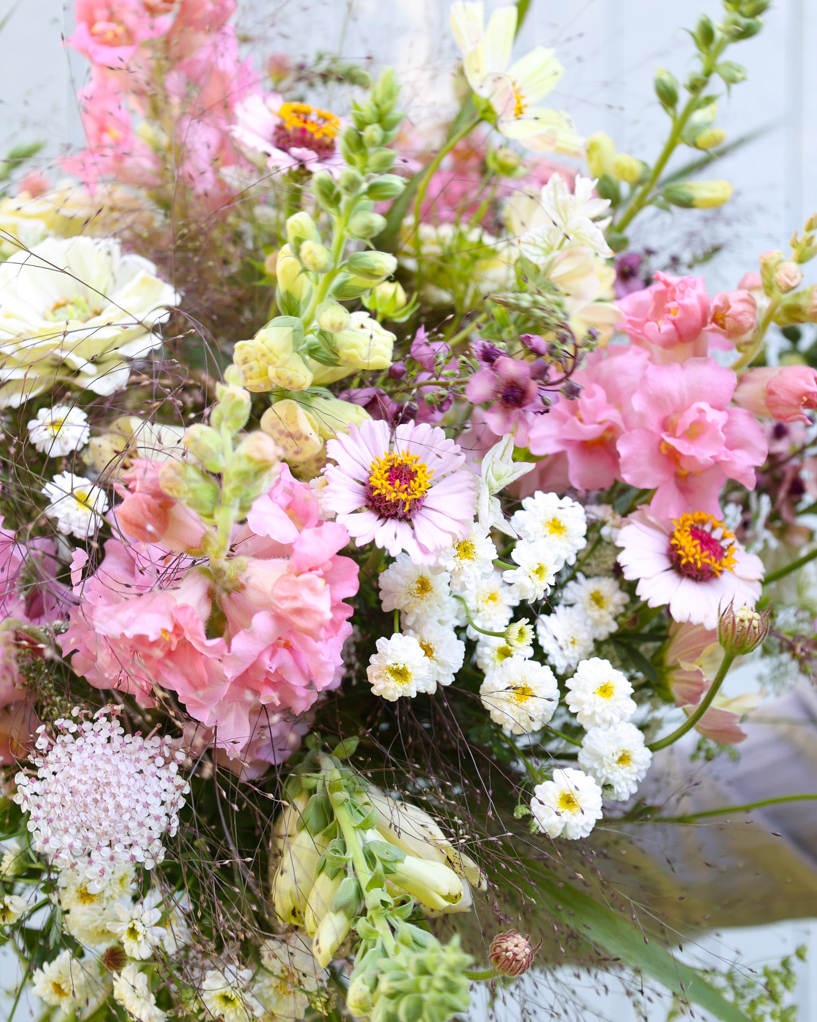 Locker gebundener Sommerstrauß aus dem Saatgutpaket Cotton Candy in zarten Rosa-, Weiß- und Cremetönen.