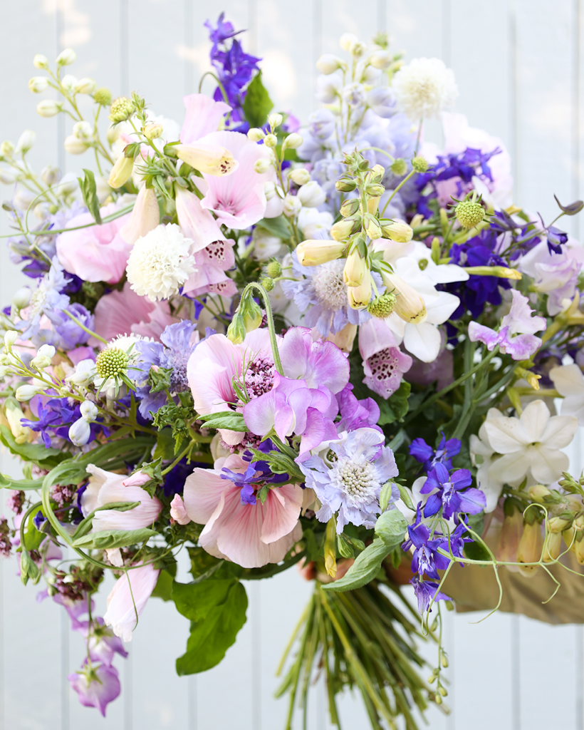 Eleganter Sommerstrauß aus dem Saatgutpaket Moonlight Bloom in Blau, Weiß und sanften Rosanuancen.