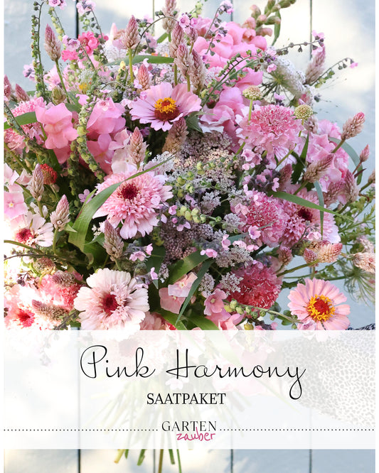 Titelbild des Gartenzauber-Saatgutpakets Pink Harmony mit Abbildung eines daraus gestaltbaren Sommerstraußes in zarten Rosatönen.“