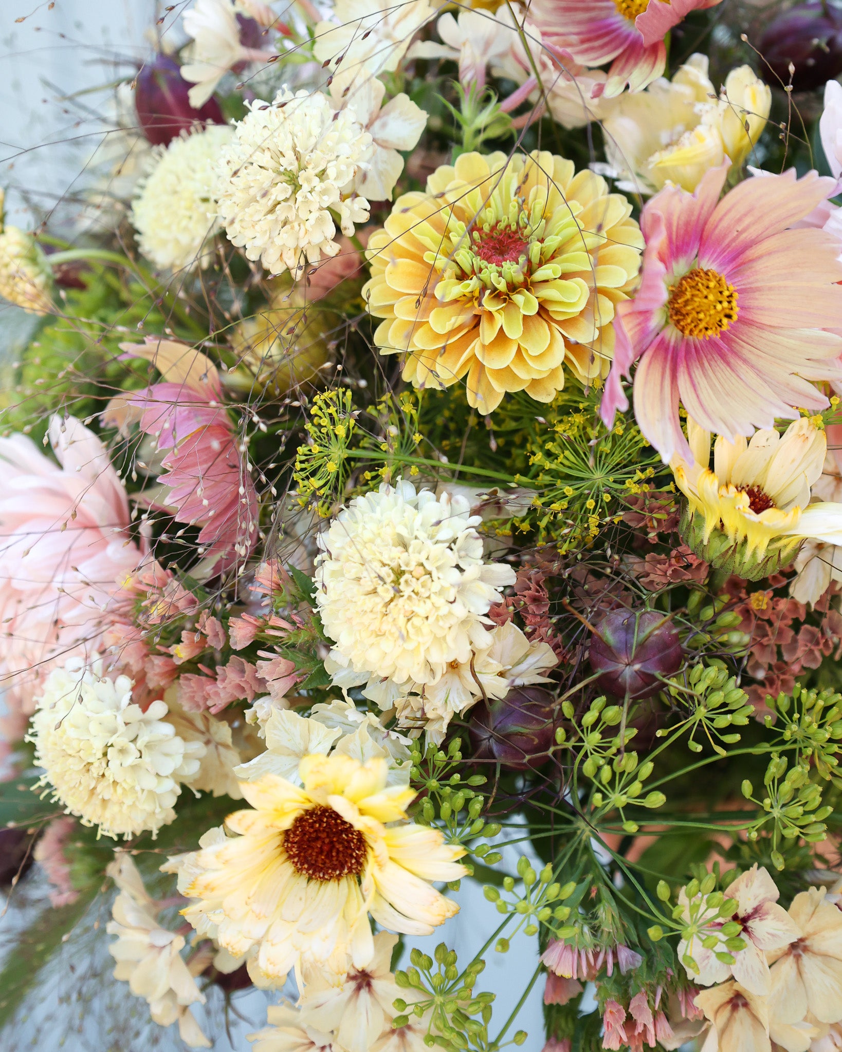 Locker gebundener Sommerstrauß aus dem Saatgutpaket Soft Sunrise in Apricot-, Orange- und Cremetönen.