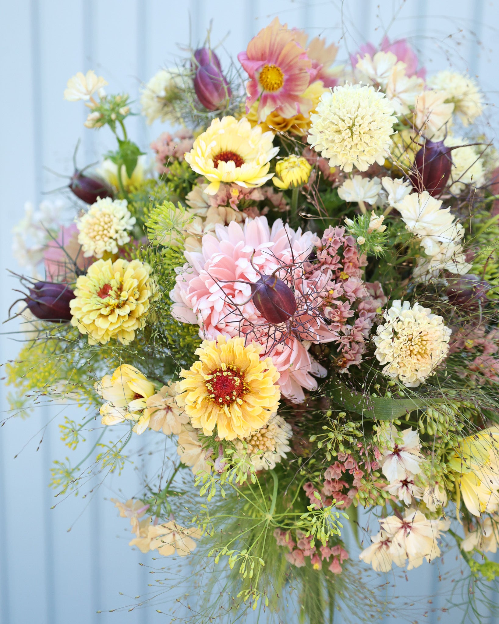 Locker gebundener Sommerstrauß aus dem Saatgutpaket Soft Sunrise in Apricot-, Orange- und Cremetönen.