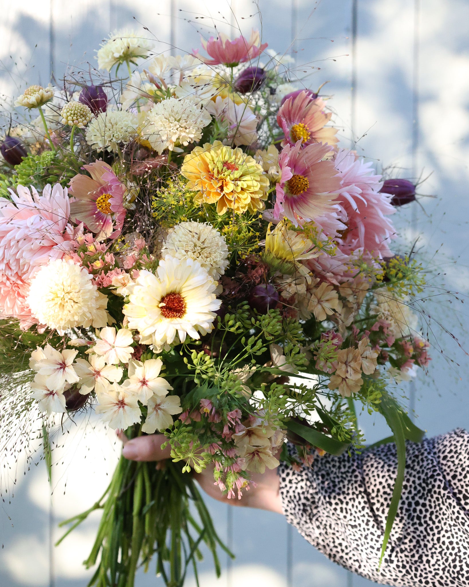 Locker gebundener Sommerstrauß aus dem Saatgutpaket Soft Sunrise in Apricot-, Orange- und Cremetönen.