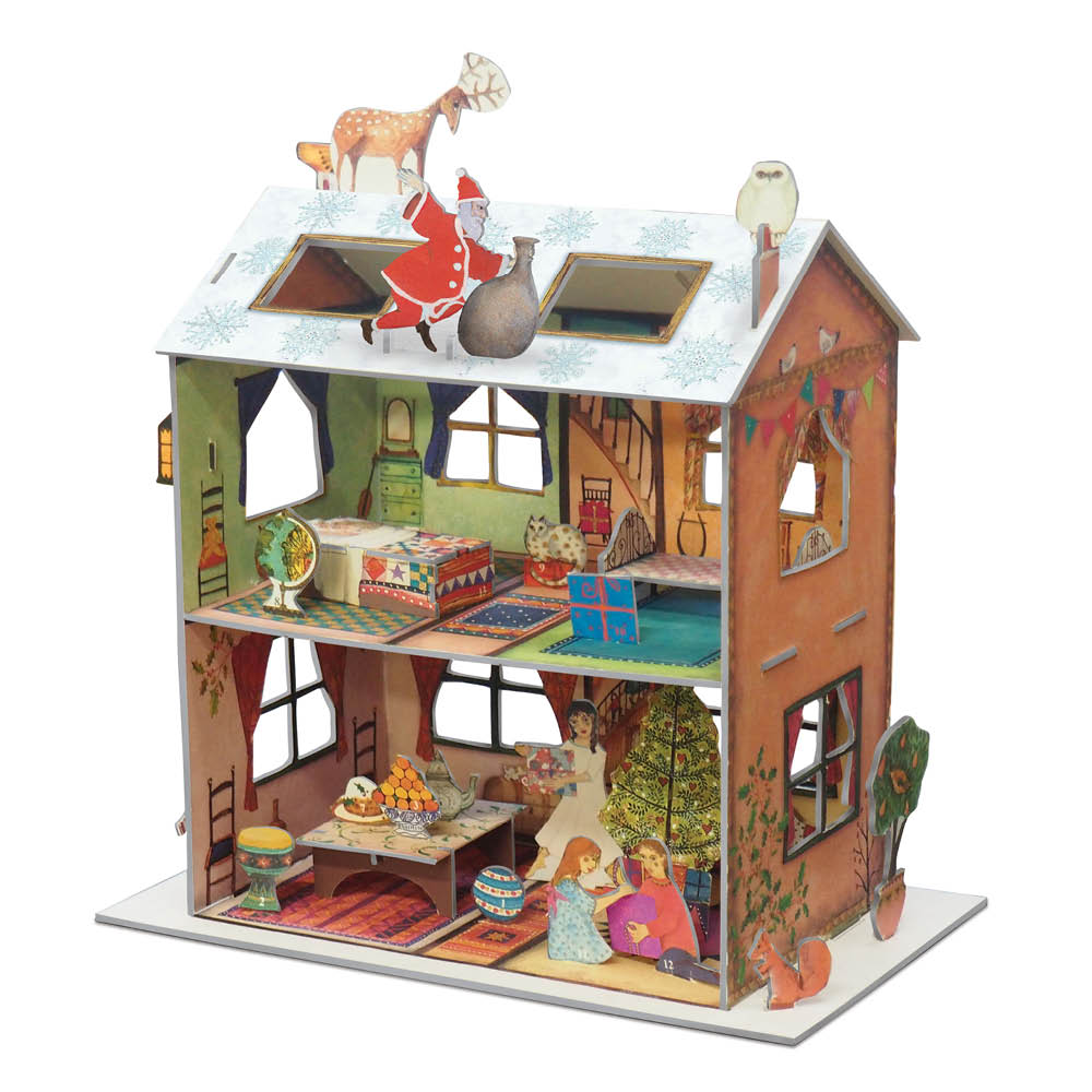 3D-Adventskalender „The Night Before Christmas“ als detailreiches Puppenhaus mit Santa auf dem Dach