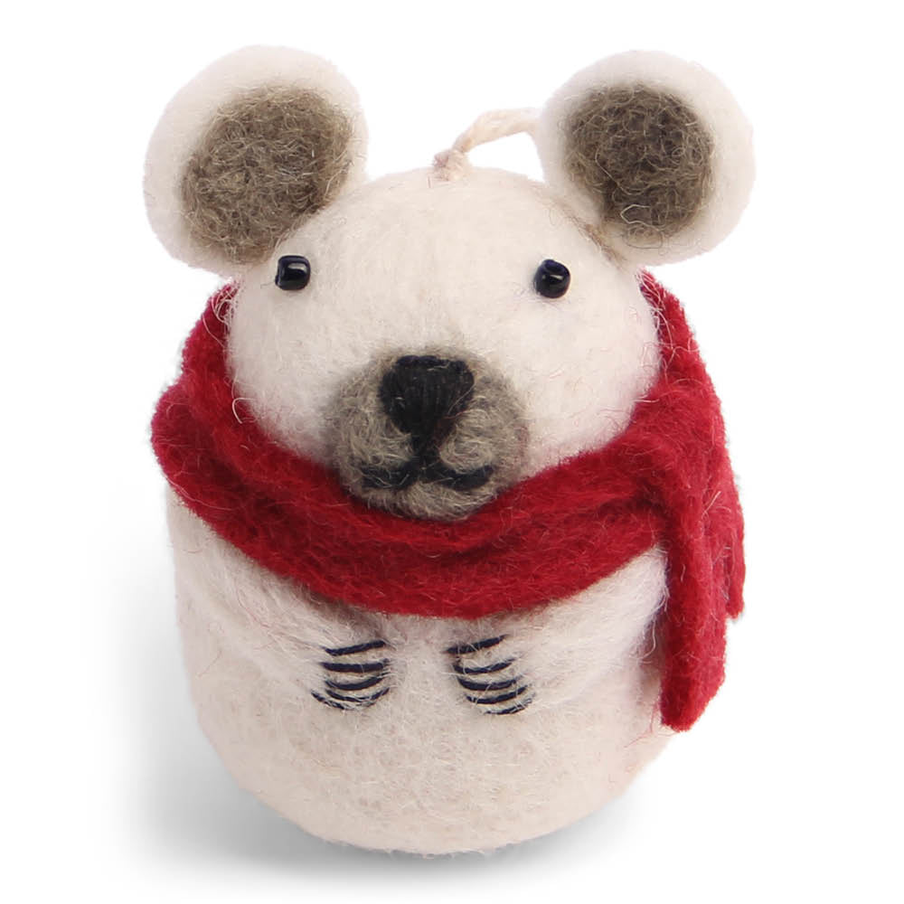 Handgefilzter Filzanhänger Eisbär mit rotem Schal aus Schurwolle von Gry & Sif – winterliche Deko mit nordischem Charme.