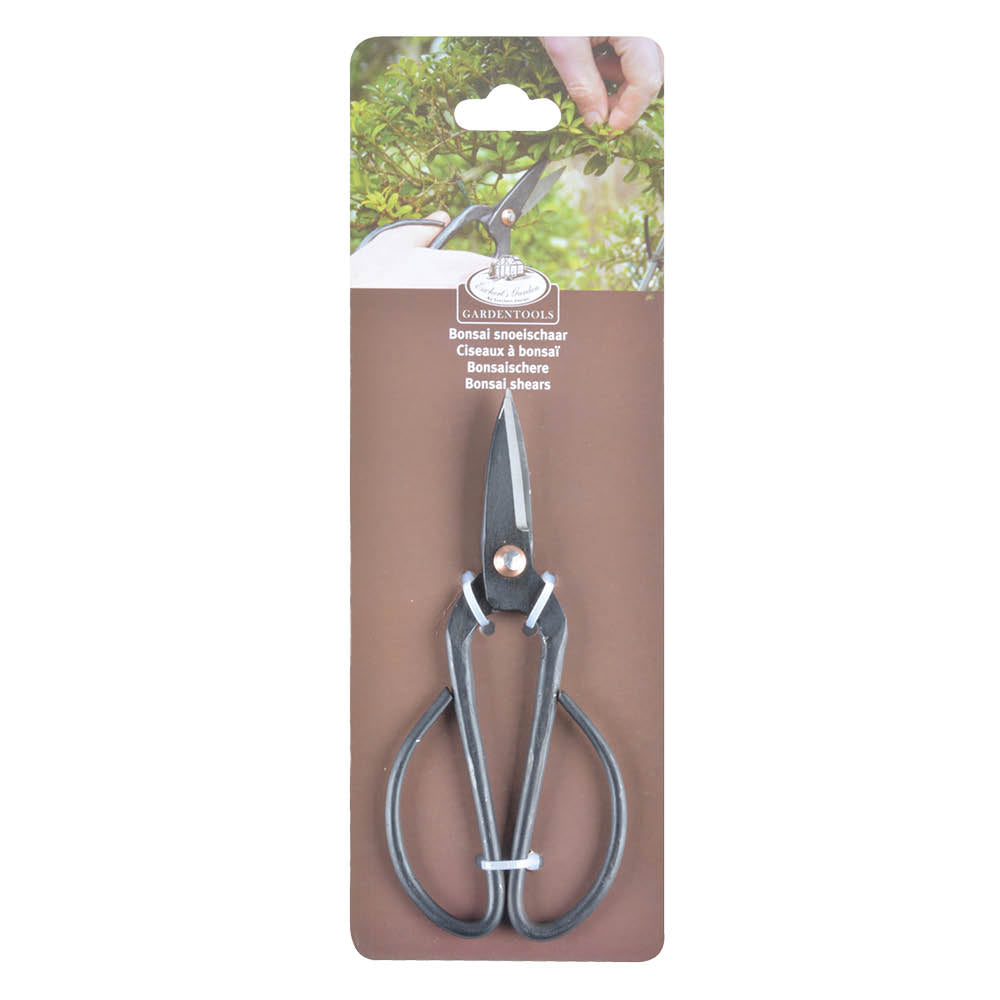 Bonsaischere aus Metall mit elegantem Griff, auf Verpackung präsentiert, ideal zum präzisen Schneiden von Bonsai-Bäumen.