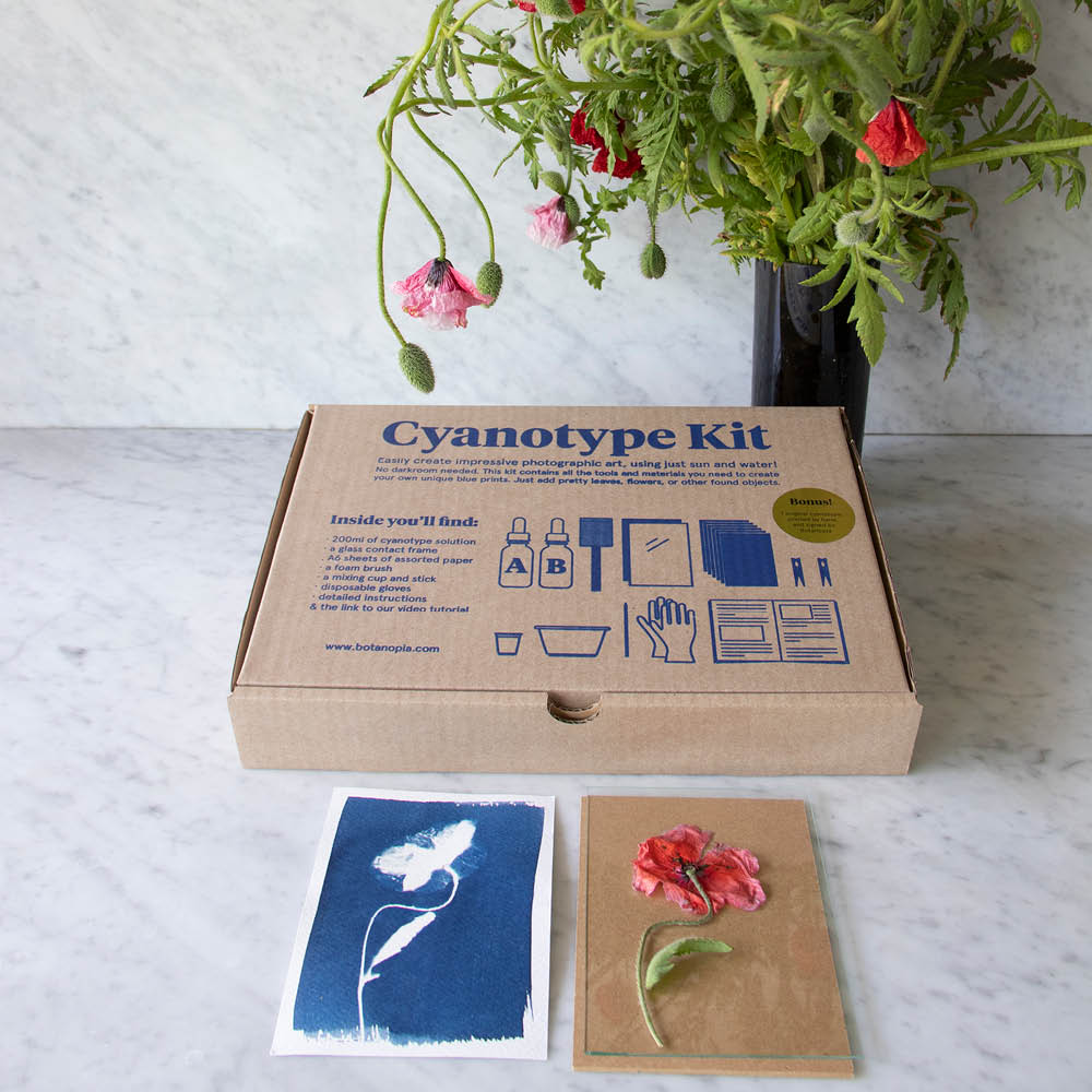 Cyanotypie-Kit von Botanopia – Verpackung mit Zubehör und fertigen Blaudrucken als Beispiel