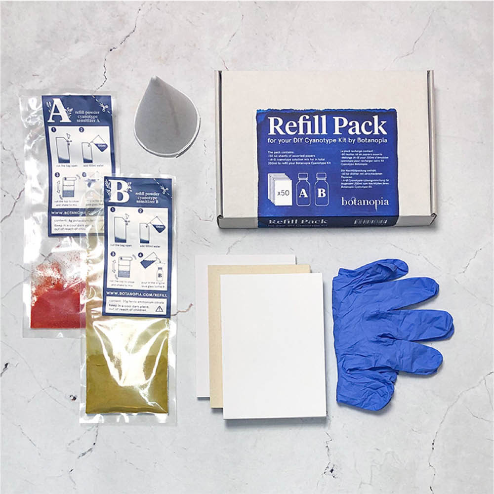 DIY Cyanotypie-Kit Nachfüllpack von Botanopia – Set mit Pulver, Papier, Handschuhen und Zubehör