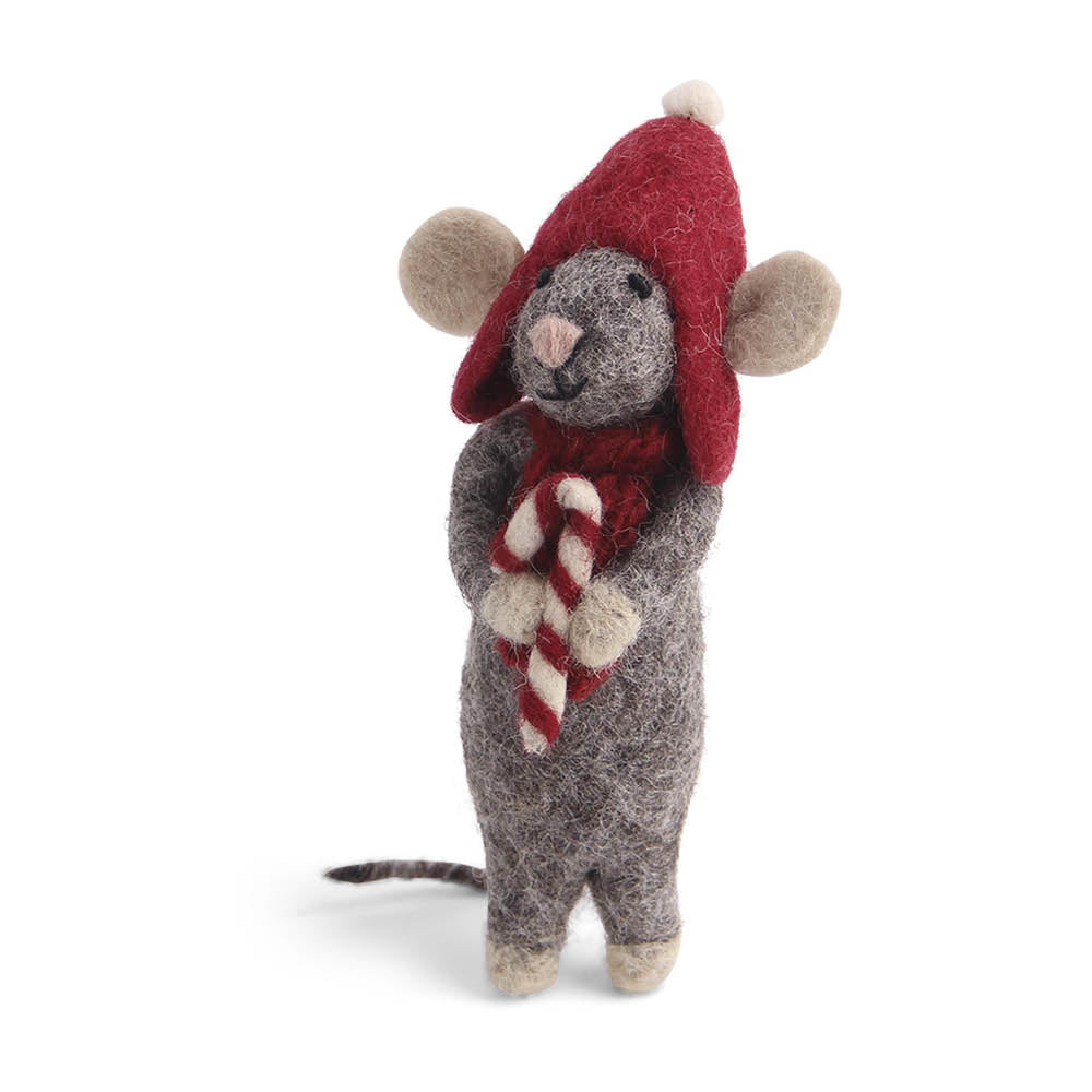 Graue Filzmaus mit roter Zuckerstange in den Armen – handgefertigter Weihnachtsanhänger von Gry & Sif aus 100 % Schurwolle