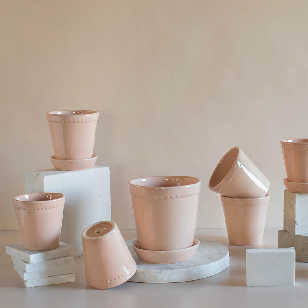 viele verschiedenen Bergs Potter Tontöpfe Helena Quarz Rosé glasiert Ø 16 cm mit Untertopf