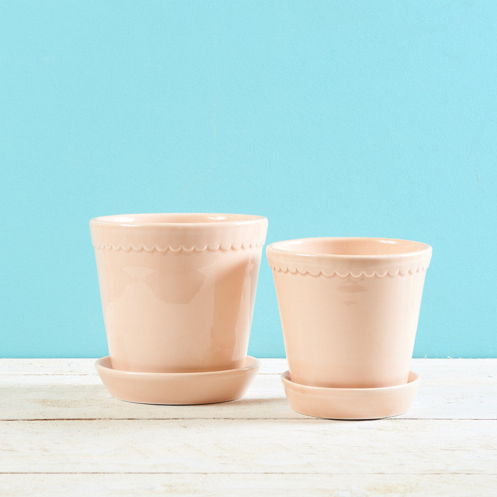 Zwei Bergs Potter Tontöpfe Helena Quarz Rosé Ø 18 cm – handgefertigt mit passendem Unterteller