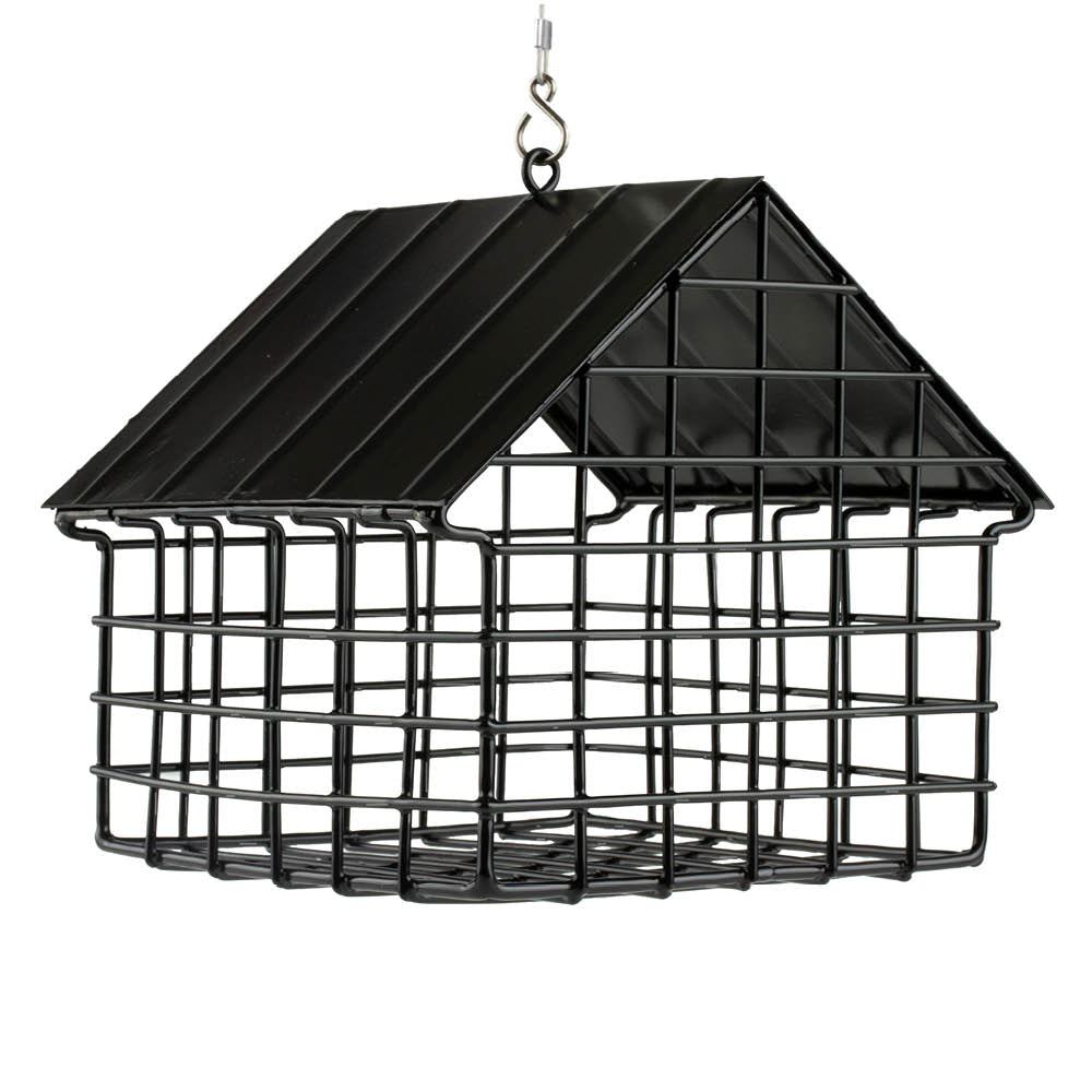 Futterspender Häuschen aus pulverbeschichtetem Stahl, schwarz – Seitenansicht.