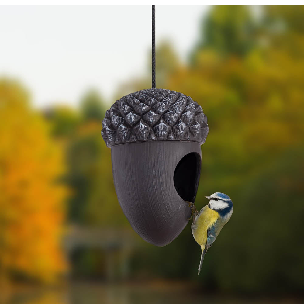 Eichel-Futterhaus mit Vogel im Garten hängend