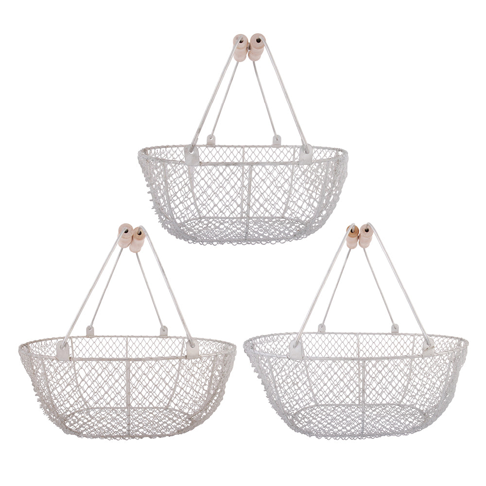 Erntekorb 3er Set aus Metall mit Holzgriffen – stapelbare Körbe in verschiedenen Größen.