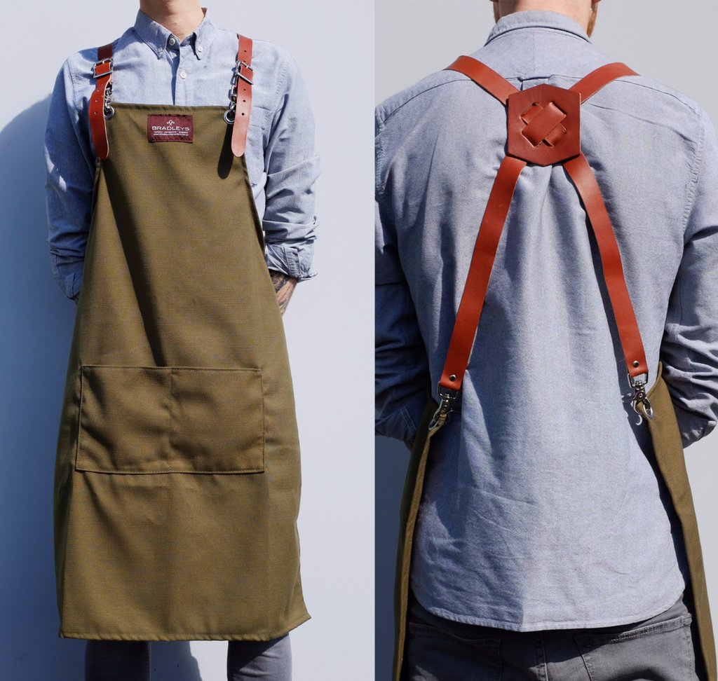Latzschürze Bradleys Khaki – robuste Schürze aus Baumwolle und Leder