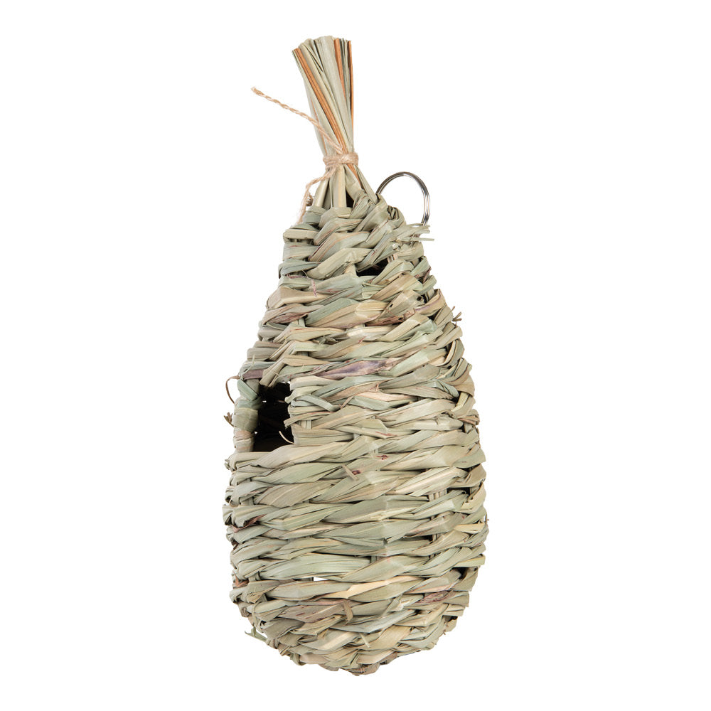 Handgewebter Nistbeutel aus Schilf für Blaumeisen im Garten