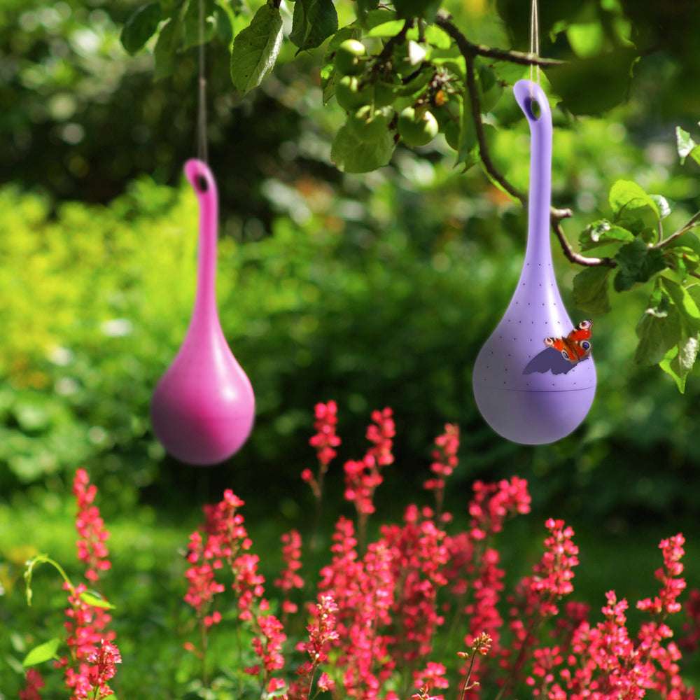 Schmetterlingsfutterstelle Belightful in Pink und lila im Baum hängend, auf einer sitzt ein Schmetterling.